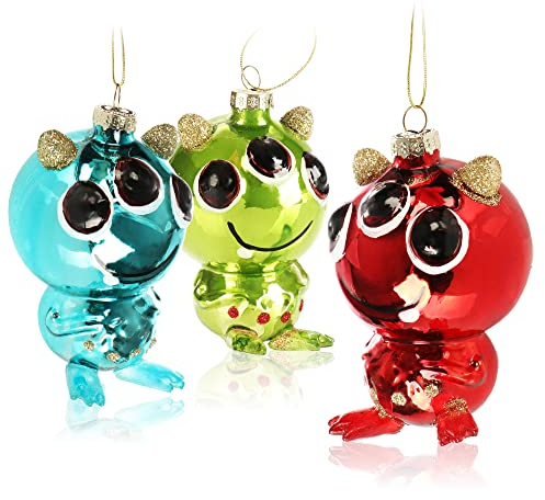 COM-FOUR® 3X Decoraciones Premium para árboles de Navidad - Extraterrestre Decorativo Hecho de Vidrio - Bolas Especiales para árboles como Adornos navideños (Alienígena de fantasía - 3 Piezas)