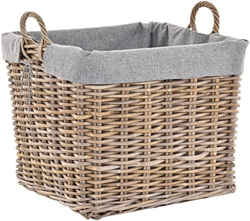 Großer Holzkorb Natur Rattan XL Korb mit Inlett Deko Kaminholz Kamin Allzweck Korb mit Jute (Mittel, Grau Natur - Quadratisch)