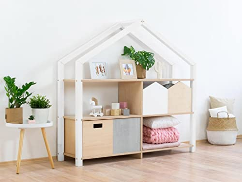 Benlemi Haus Holzregal für Kinderzimmer Shelly 146x39x137 cm Weiß/Natur ohne Lackierung Hausförmigen Bücherregal 100% Natürliche Lacke/Verschiedene Höhenpositionen