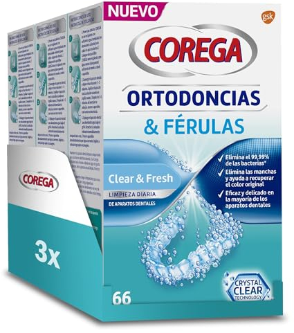 Corega Tabletas Limpiadoras Para Férula Dental y Ortodoncia, Limpieza Rápida y Fácil de Usar, Pack 3 x 66 Tabletas