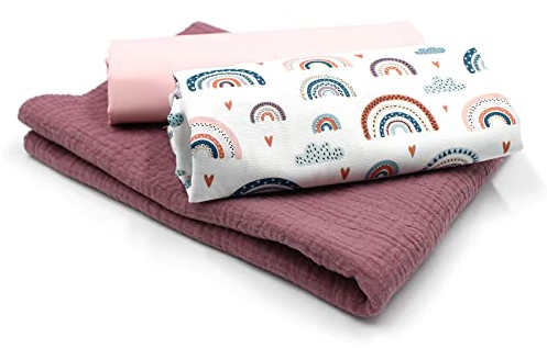 VmG-Store Musselin + Baumwollstoff Set farblich abgestimmt Double Gauze Stoff 100% Baumwollstoff Tex Standard 100 (Set09 Pastell Regenbögen Weiß)
