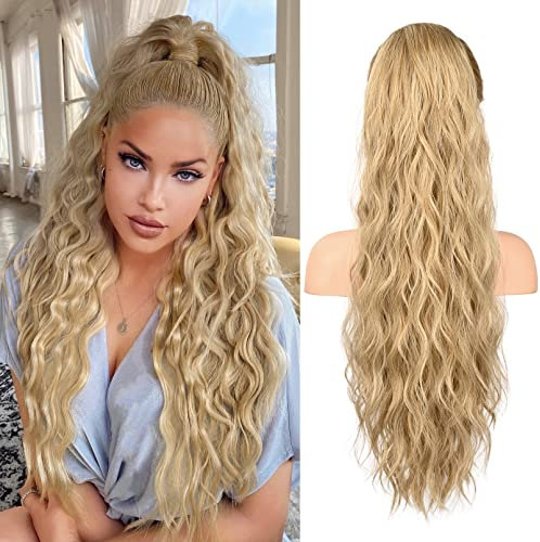 Flufymooz Ponytail Extension Pferdeschwanzverlängerung, 66 cm Pferdeschwanz mit Kordelzug Haarverlängerungen, Lockiger Pferdeschwanz Synthetisches Haarteil für Damen (Goldblond mit Highlights)