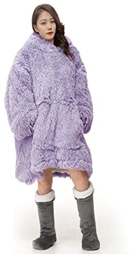 Rohi Lilac Oversized Blanket Hoodie – Warm & Comfy– Sherpa Fleece Wearable with Elastic Cuffs– Unisex long Hoodie– Soft Cozy Snoodie– One Size Fits All Adults (Lilac), 87 x 91 Cm