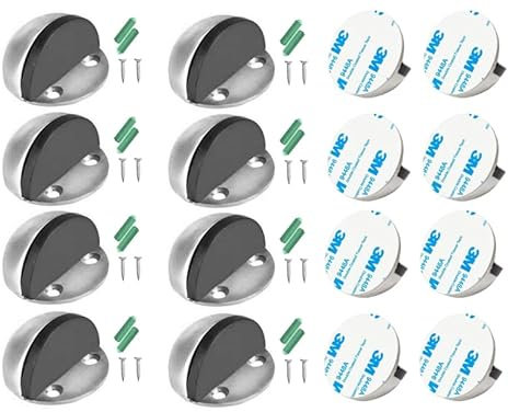 SDTOOLS 2/4/8/12 Pieces Stainless Steel Floor Door Stopper, Oval Floor Mounted Half Moon Door Stop with Screws and 3M Glues Self Adhesive for Protect Walls and Doors (8 Pieces)