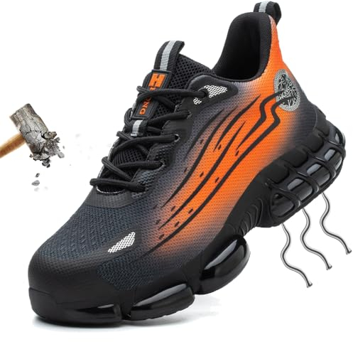 HAIMAYEE Sport Sicherheitsschuhe Herren 43 Arbeitsschuhe S3 mit Stahlkappe Sommer Arbeit Schuhe Männer Sicherheit Sneaker Kevlar Schutzschuhe Trekkingschuhe für Kinder Jungen Grau Orange