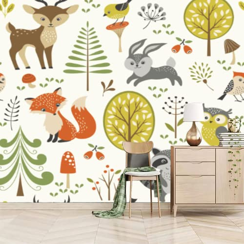 Sommerwaldpilze Beeren Tapeten, Niedliche Waldtiere Bäume Vliestapete, Wandbild Dekoration - für Zuhause Wohnzimmer die Mauer 150 x 105 cm