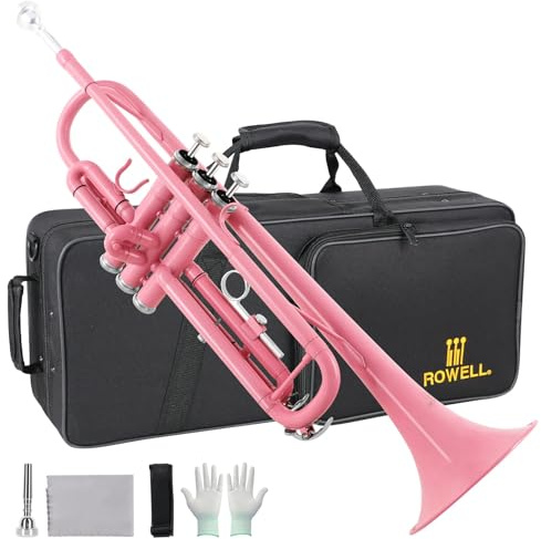 ROWELL Bb Standard-Trompete, professionelle Messingtrompeten für Anfänger, Standard-Trompeten-Set mit Hartschalenkoffer, 7C-Mundstück, Reinigungsset, Handschuhe. (Pink)
