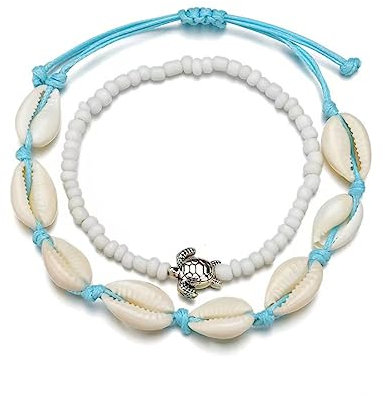 GAUEIOUR Bohemian Shell Turtle Anklets,Layered Feet Chain Handwoven Shell Turtle Shell Beaded Feet Chain Bracelet,Summer Barefoot Beach Ankles(2 Pieces)