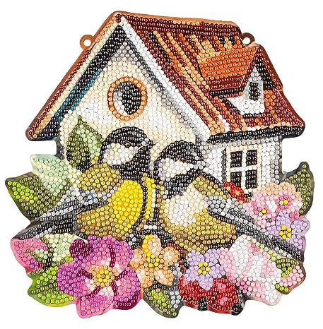 Ideen mit Herz Diamond-Painting-Fensterbild | doppelseitiger Druck | ca. 20 cm Ø | inkl. Diamond-Painting-Steine für Vorder- und Rückseite (Vogelhaus & Kohlmeisen)