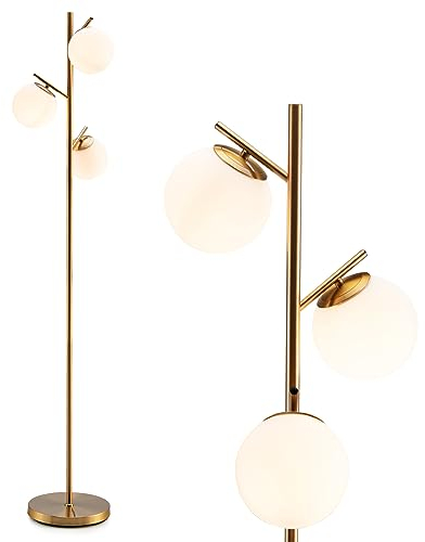RELAX4LIFE Stehlampe, Stehleuchte 3-flammig, Standleuchte mit E27 Fassung & Fußschalter, Standlampe aus Metall, Leselampe für Wohnzimmer Arbeitszimmer Schlafzimmer, Gold