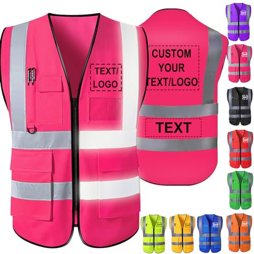 Akmxem Personalisierte Warnweste Aufdruck mit Text oder Logo und Mehreren Taschen Warnschutz Arbeitsweste Sicherheitsweste mit Bedruckbare