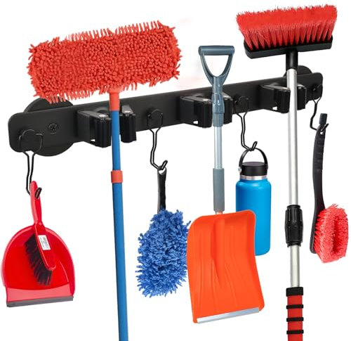 UNUSFIRE Magnetic Mop Broom Holder,Heavy Duty Wall Mount Storage Tool Racks,No Drilling Metal Home Tool Organizers Hanger for Garage,Closet,Garden,Kitchen,Laundry (4 Hooks 3 Grippers,Black)