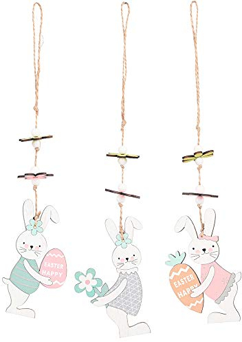 Silriku 3 x Oster-Hasen-Ei-Hängeornamente, Party-Dekoration, Basteln, Holz, Oster-Anhänger für Zuhause, Schaufenster