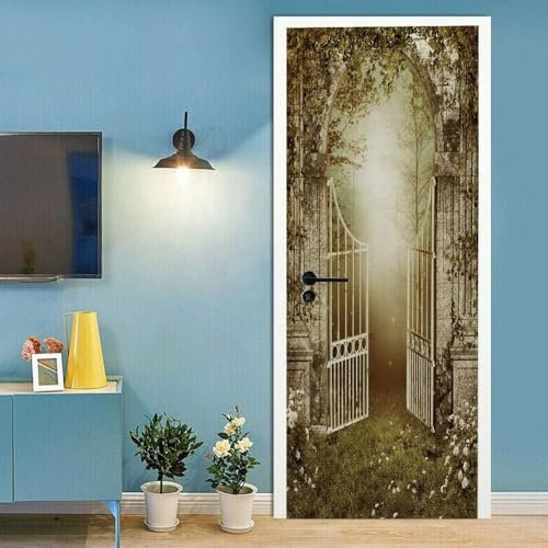 Door Stickers for Interior Doors Forest Garden Iron Gate Peel and Stick Removable Vinyl 3D Door Decals for Interior Doors Bedroom Living Room Home Decor 95 X 215 Cm - Boy Girl Room Door Phot 7b66