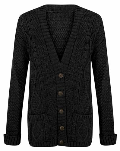 FASHION MY LOVE New Womens Everyday Long Sleeve Button Top Ladies Chunky Aran Cable Knit Grandad Cardigan UK Size 8-26 Black