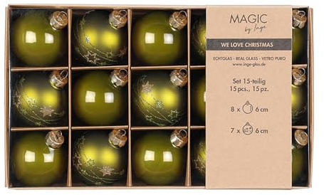 Weihnachtskugeln Glas 6cm 15 Stück - Glitzer Sterne Motiv - Christbaumkugeln Weihnachtsbaumkugeln für Weihnachten - Christbaumschmuck & Weihnachtsbaumschmuck Olivgrün - Green Olives