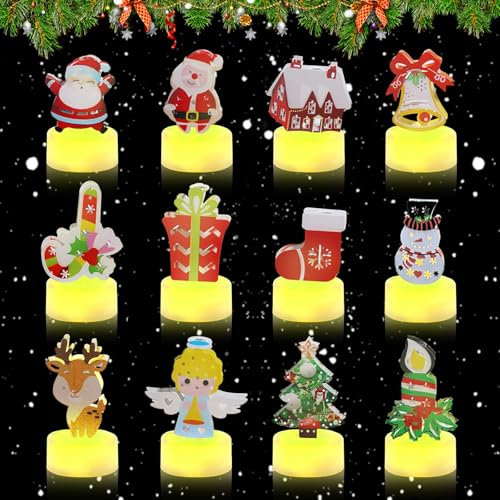 Candele Natalizie per Il Tè,12 Pezzi di Candele Natalizie a Led,Candele per Albero di Natale,Babbo Natale Delicato Fatto A Mano,Candele Natalizie,per la Decorazione Della Tavola Festa di Natale
