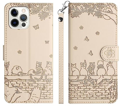 Aisenth Case for iPhone 16 Pro Max (6.9 inch), Embossed Cute Cats, Butterfly, Flower PU Leather Magnetic Wallet Flip Case Protective Cover with Stand function, Card Slots (Beige)