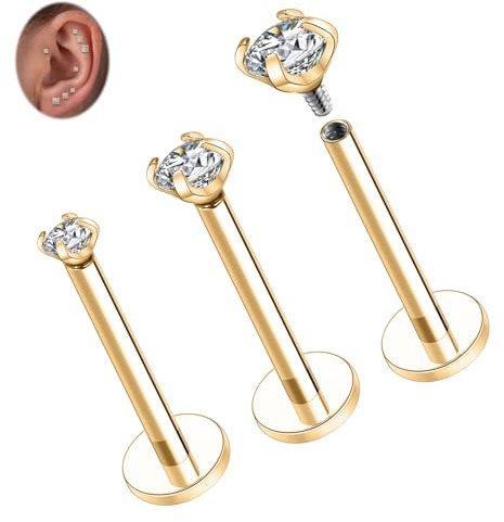 hengkaixuan G23 Titan Labret Ohrstecker Ohrringe Lippenpiercings Knorpel Ohrringe Helix Ohrstecker mit Innengewinde Monroe Medusa Ring 18G 16G Tragus Conch Ohrstecker mit CZ für Frauen Männer 3 PCS