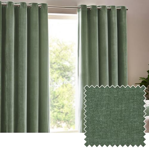 furn. Yard Heavy Chenille Eyelet Curtain Pair – Lined Room Darkening, Soft Velvet Home Décor (Eucalyptus - Width 229 x Drop 183cm)