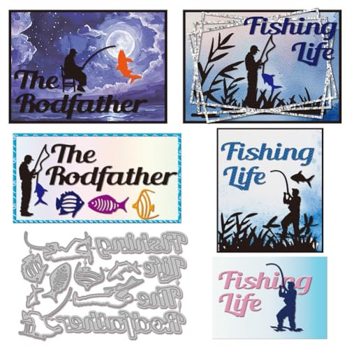 GLOBLELAND Fischers Silhouette Papierpräge Stanzschablonen Set The Rodfather Handwerk Stanzmaschine Schablonen Fishing Life Metall Stanzschablone Set für Kartenherstellung Papier Handgefertigtes