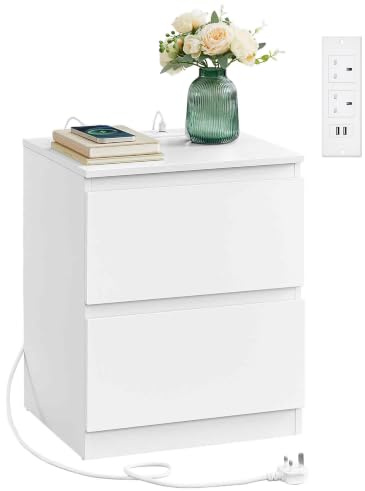VASAGLE Nightstand with Charging Station, Bedside Table with Drawers, Side End Table, 2 AC OutLETs, 2 USB Ports, for Living Room, Bedroom, Study, White KAILYN Collection LET621W01