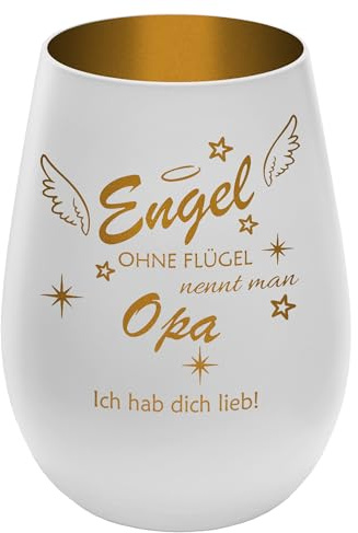 Windlicht mit Gravur ''Engel ohne Flügel nennt man Opa'' Texte nach Wunsch frei gestaltbar personalisierbar - Weiß/Gold - Teelichthalter mit Wunschtext - Geschenkidee für Liebe Person