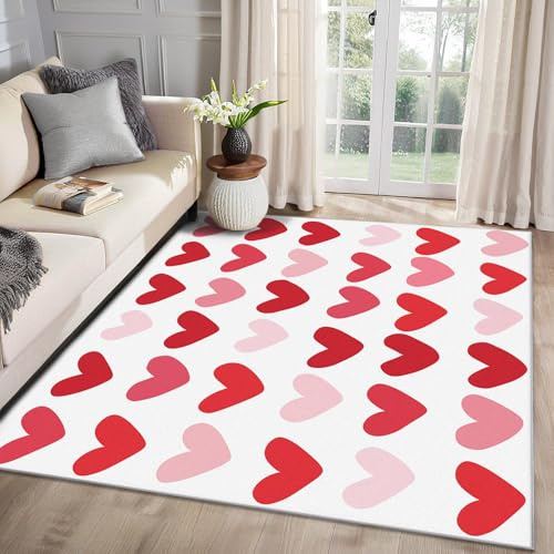 MMYAOKEN Herzen Teppich Wohnzimmer 50x80 Rot Rosa Herz Mädchen Deko, Kleiner Teppich Kurzflor, Weich rutschfest Waschbare Teppiche, Fußmatte Bettvorleger Schlafzimmer Kinderzimmer