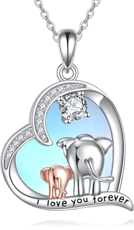 DAYLINLOVE Elefanten Kette 925er Sterling Silber Mondstein Herzform Anhänger Halskette Mutter Tochter Tier Schmuckgeschenke für Damen Frauen Mädchen Mama Oma Elefantenliebhaber