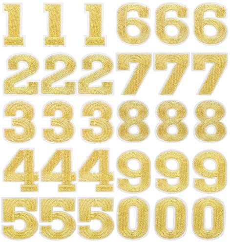 30 Pack 3.1 cm Iron on Numbers, 0-9 Iron on Numbers for Football Shirts, DIY Clothing, Hats, Bags, (Gold)