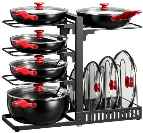 CHOEZON Estante para Sartenes y Ollas, Organizador de Cocina de Doble Cara con Espacio para Tapas, Organizador de Ollas y Sartenes para Armario, Patas Ajustables y Ventosas, Negro DTPR40BB