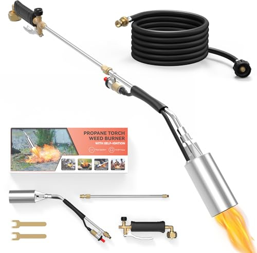 SEVENMEET Brûleur de mauvaises herbes au propane avec tuyau de 3,5 m, chalumeau robuste pour mauvaises herbes avec déclencheur turbo auto-allumage, désherbeur à flamme pour désherbage, toiture