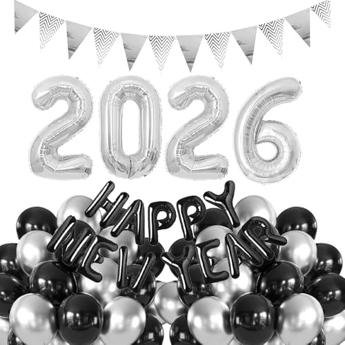 Happy New Year Deko 2026, Silvester Deko 2026, Deko Silvester Party, Happy New Year Folienballon Banner, 2026 Folienballon, Schwarz Silber Luftballons für Silvesterpartydeko Neujahrsdeko Accessoire