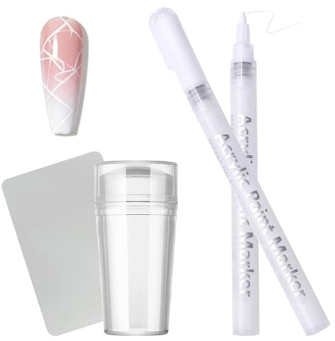 Lot de stylos à ongles pour ongles - Blanc - Séchage rapide et imperméable - Avec tampon en silicone et grattoir - Sans lampe UV - Pour French manucure et motifs