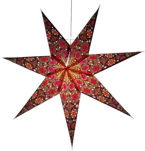 Yepsio Laternen-Lampenschirm aus Papier, Sternlicht-Schatten, groß, 60 cm, zum Aufhängen, Dekoration für Weihnachten, Hochzeit, Zuhause, Geburtstag, Party, faltbarer 7-zackiger Stern (Rost-Rot, Grün