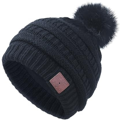 HaetFire Wireless Music Beanie with Bluetooth Headphone Winter Warm Pompon Knit Hat Headset Skull Cap Built-in Speaker Mic for Women Teenagers Girls Outdoor Sports Running Skiing Skating
