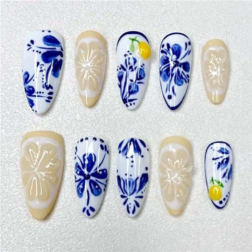Blue and white flower hand-painted series nail art false nails pressed 3D relief almond length nail decoration(L)