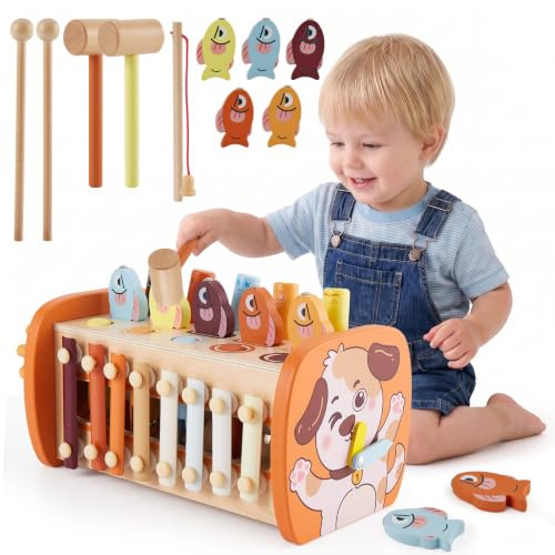 HYAKIDS Montessori Toys for 1 Year Old Boys Girls, Wooden Hammering Pounding Toy with Xylophone Magnetic Fishing Game, Farm Animals Theme, Gifts for Toddlers