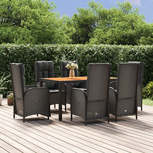 Teenpull 7-TLG. Garten-Essgruppe Schwarz Poly Rattan, verstellbare Sessel mit Kissen, Akazienholz-Tisch, wetterfestes Outdoor-Dining Set für Terrasse, Balkon, modern, bis 110kg pro Sitz