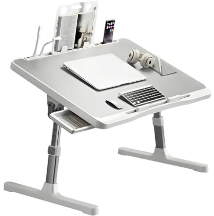 Laptoptisch, Bett Tabletttisch HöHenverstellbar Faltbarer Betttisch mit Schublade Bücherregal USB Schreibtischlampe und Ventilator Laptop Tisch für Bett Sofa Couch Boden 60x40cm