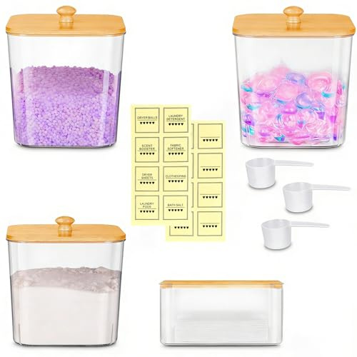 4 Pcs Washing Powder Storages, Laundry Pods Storage Container Set with Bamboo Lid and 16 Labels, High-Capacity Transparent Material Set(3 Square & 1 Rectangular)
