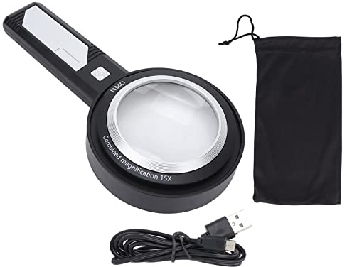 Fyearfly Handlupe, 6-fach, 15-fach, beleuchtete Leselupe mit 6 LED-Leuchten für Senioren, Lesen, Basteln, ABS-Acryl-Material, inklusive USB-Ladekabel, Aufbewahrungstasche