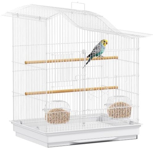 PawHut Vogelkäfig Voliere 4 Türen Finken 47.5x36x54.5cm Weiß | 2 Sitzstangen, Schiebetablett, für Unzertrennliche & Sittiche