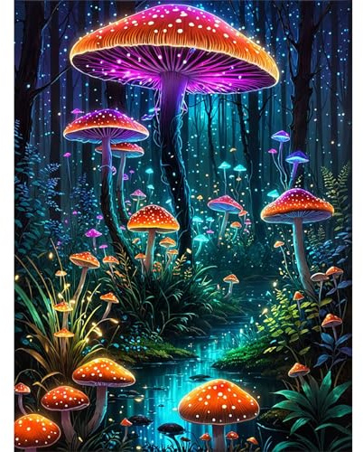 Fountor Diamond Painting Erwachsene Pilze, Fantasie Diamond Painting Bilder 30x40cm, Landschaft DIY 5D Round Full Drill Diamond Art Craft Kit für Home Wall Decor Geschenk