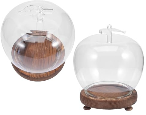 ifundom Lot de 2 Cloches en Verre Grandes avec Socles en Bois Rétro Lumineux Dômes Protecteurs Transparents Anti-poussière pour Figurines, Fleurs Stabilisées et Loisirs Créatifs,