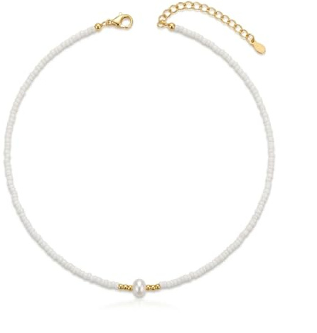 Sanixa Karma NH11330815 Halskette Damen Weiß od. Türkis 42 cm Kette Zuchtperle Edelstahl vergoldet Perlen Perlenkette verstellbar modern Damenhalskette Karabinerverschluss
