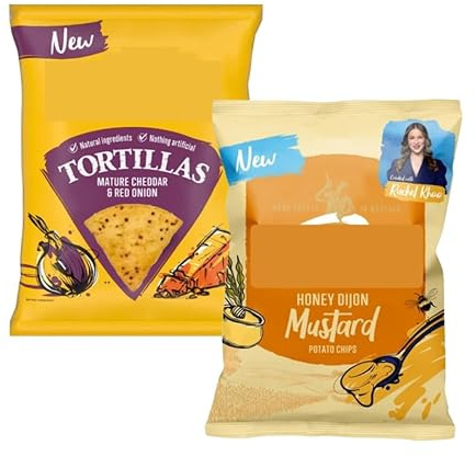 Tortilla Mature Cheddar and Red Onion Crisps (140g), Honey & Dijon Mustard Crisps (130g), Pack of 2, Gluten-Free, High Fibre, Natural Ingredients, Suitable for Vegetarians