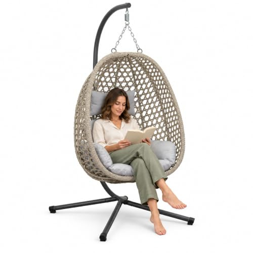 Koll Living Outdoor Hängesessel Luna | Rattanoptik Beige/Grau | Wetterfester Gartensessel mit Stahlgestell & Komfortkissen | UV-beständig & wasserabweisend | 95 x 103 x 197 cm