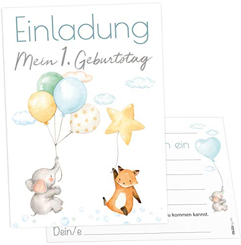 Olgs Ballon Party Einladungskarten, Elefant & Fuchs, 12er Set für Jungen, inkl. Umschläge, Perfekt für Kinder- & Babygeburtstag