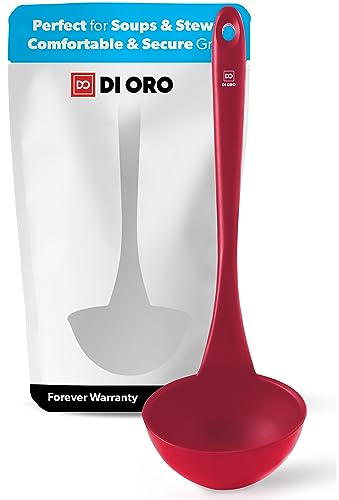 DI ORO® Silicone Kitchen Soup Ladle – 315°C Heat-Resistant Serving and Rubber Cooking Spoon – Maximum Bowl Capacity – Dishwasher Safe with a Heavy-Duty Stainless-Steel Core (Red)